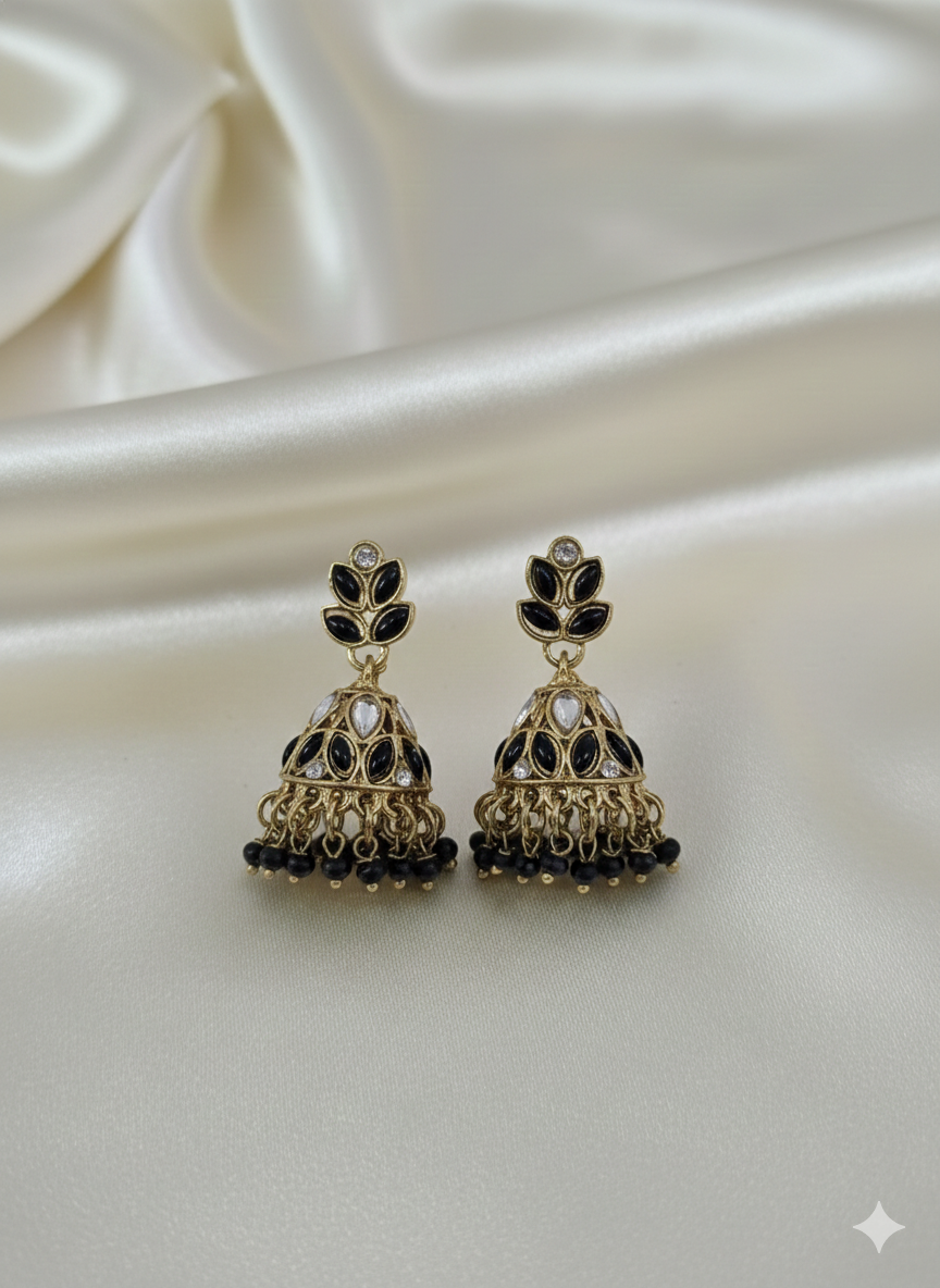 Gold-Finish Black Earrings with Vibrant Bead Clusters